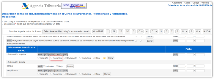 Casilla 605 del modelo 036. Renuncia a la estimación objetiva