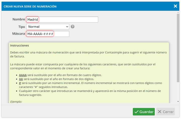Crear nueva serie de facturas normales.