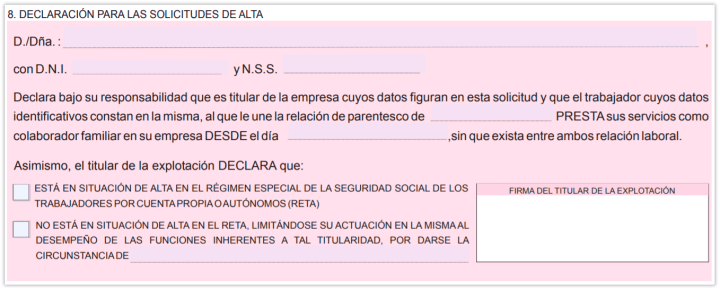 Declaración del titular de la explotación. Autónomo colaborador