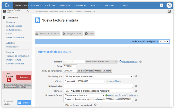 Factura alquiler con retención IPRF 19%