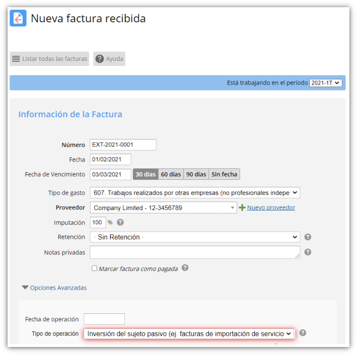 Factura recibida con inversión del sujeto pasivo