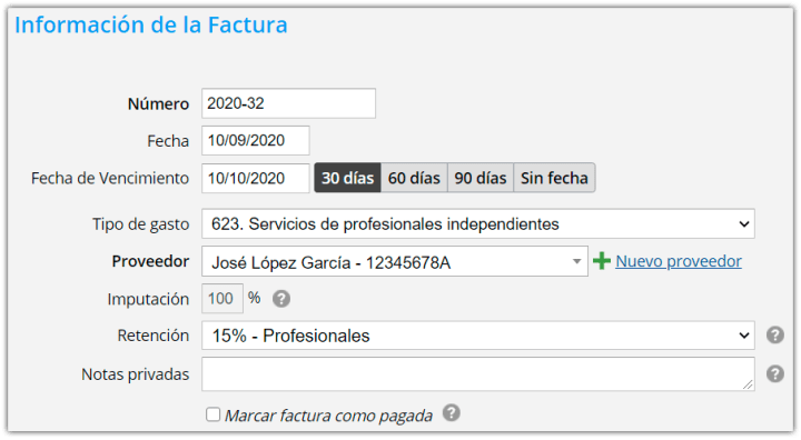 Factura recibida con retención de IRPF 15%