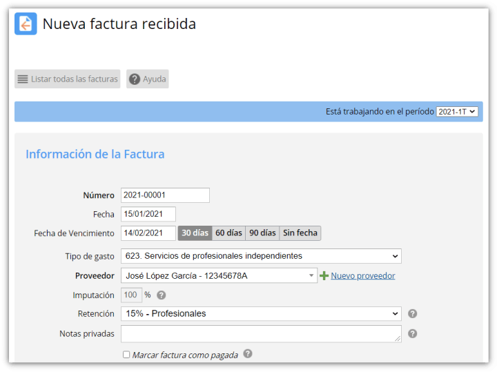 Facturas de proveedores profesionales independientes