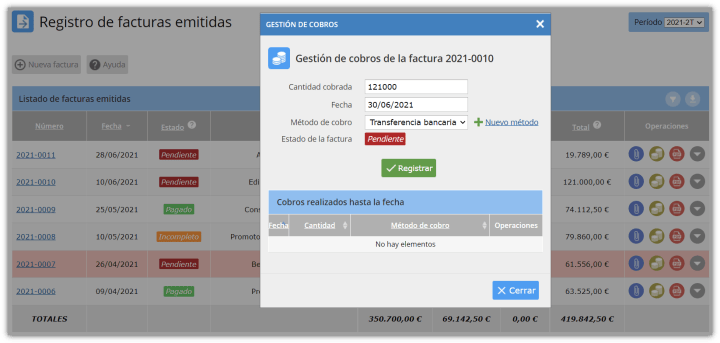 Gestión de cobros de la factura
