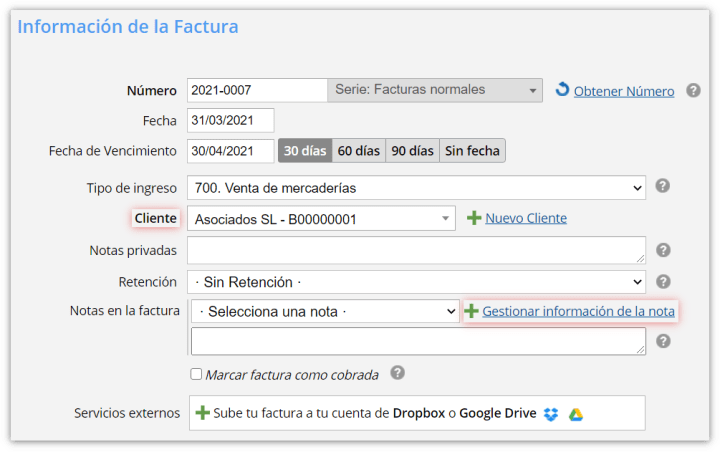 Información de la factura recapitulativa
