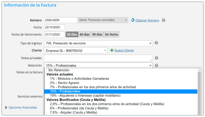 Retención IRPF 15% en factura