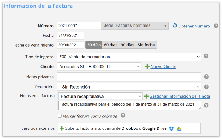 Nota en la factura recapitulativa ya seleccionada