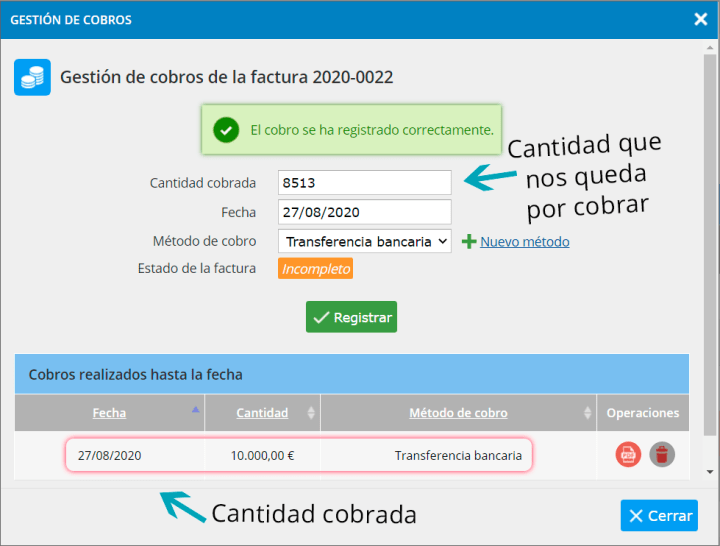 Cómo registrar un cobro parcial