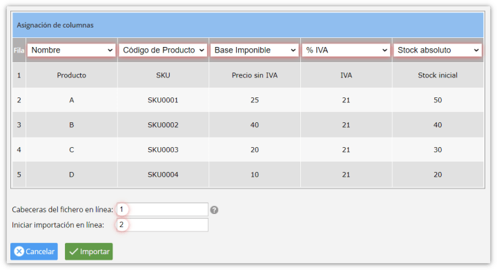 Importación de productos en excel.