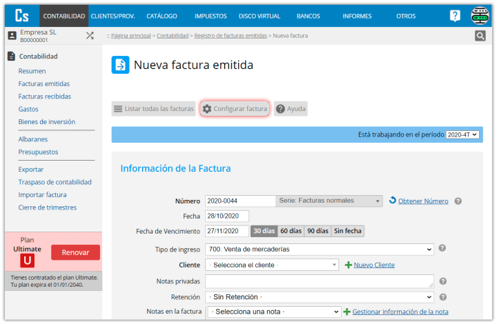 Nueva factura emitida - configurar factura